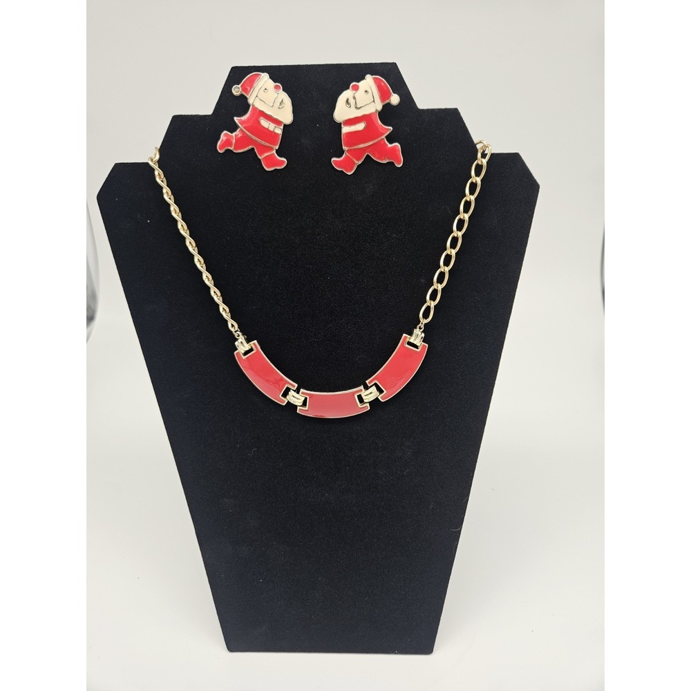Beautiful Red And Gold Tone Necklace W/ Santa Eearings